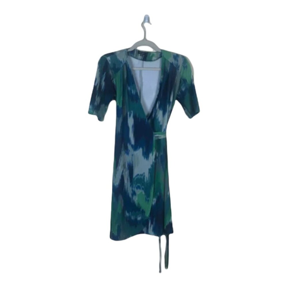 Komarov S Wrap Dress Tie Short Sleeve Absract Print Womens Mini Stretch